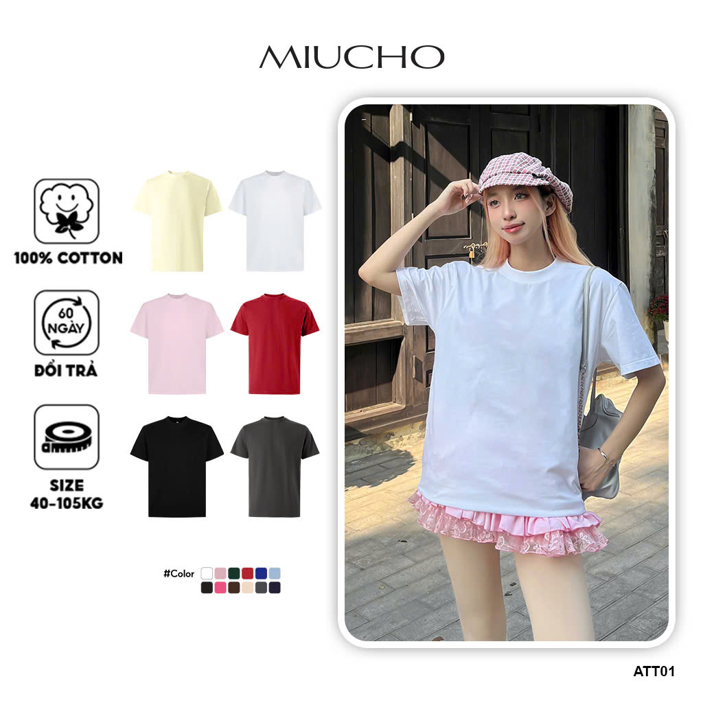  Áo thun trơn nữ form rộng ATT01 Miucho vải cotton cổ tròn in basic 