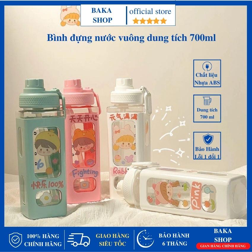 Bình nước kèm sticker có ống hút 700ml cực xịn thân vuông , bình nước nhựa thể thao, bình nước tập gym, thể thao cute dễ thương