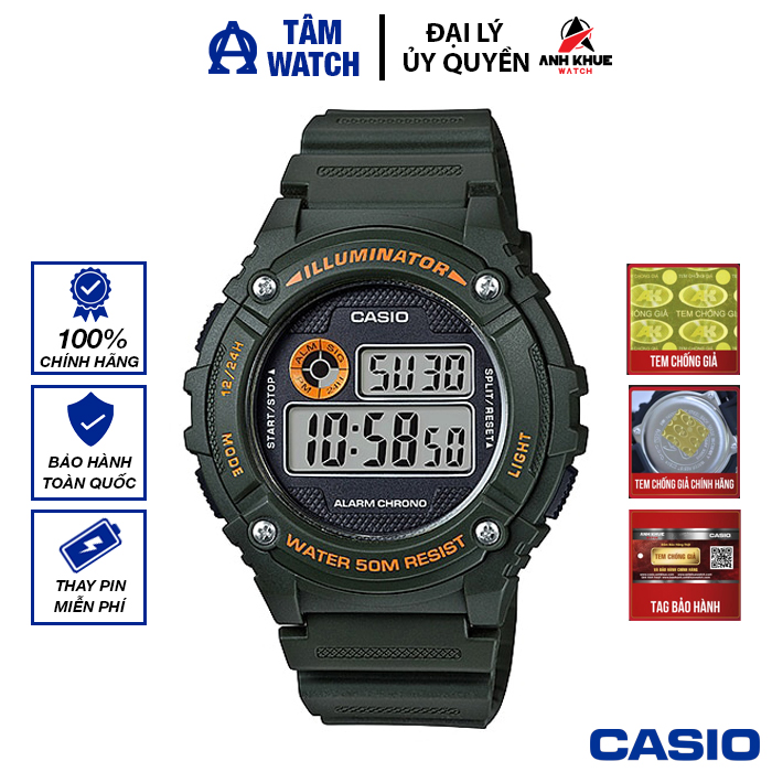 Đồng hồ nam dây nhựa casio standard chính hãng anh khuê w-216h-3bvdf