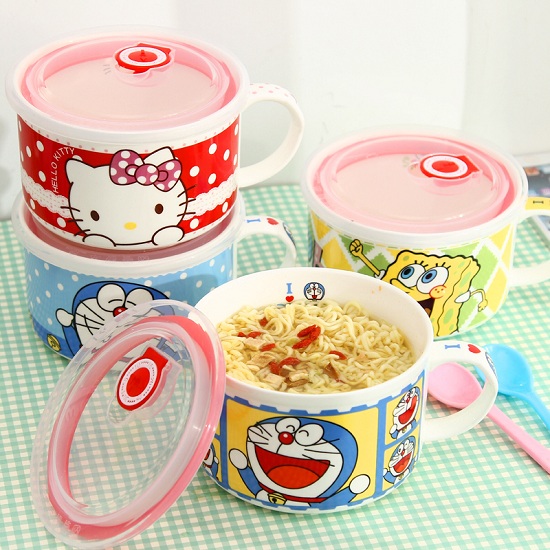 [TẶNG MUỖNG INOX] LY SỨ ĂN MÌ CÓ NẮP ĐẬY CHÂN KHÔNG IN HÌNH DỄ THƯƠNG, TIỆN DỤNG, ĐA NĂNG, LY SU, LY AN MI, ly an mi, ly mì