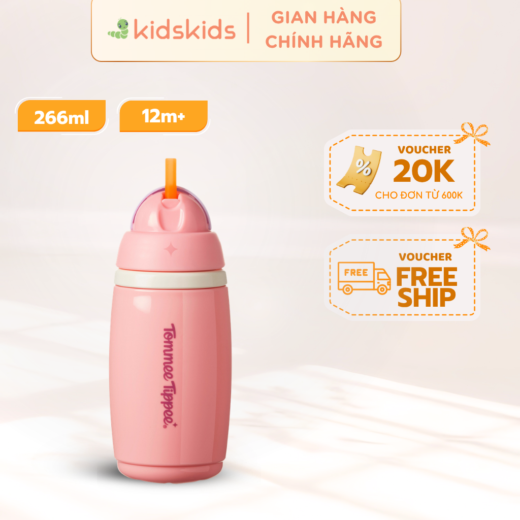 Bình uống nước giữ nhiệt có ống hút chống tràn, chống sặc Tommee Tippee ACTIVE STRAW, 266ml, cho bé từ 12 tháng – Hồng