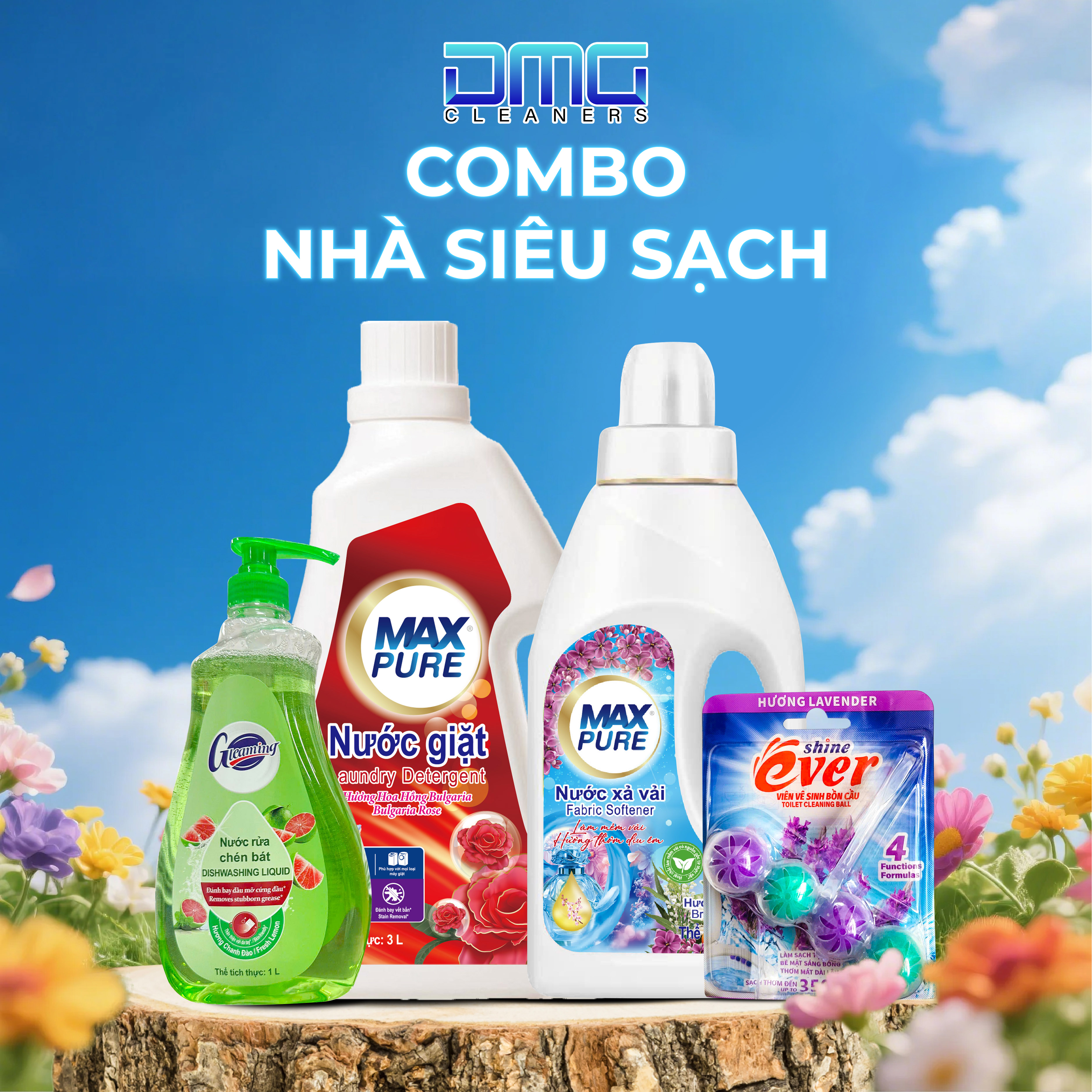 Combo Nhà Siêu Sạch: Gồm Chai Giặt Hoa Hồng 3L, Chai Xả Thư Thái 2L, Viên Treo WC Lavender, Chai Rửa Chén Chanh Đào