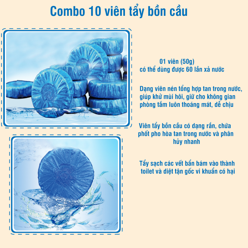 (HIỆU QUẢ CAO) BỘ 10 VIÊN TẨY BỒN CẦU XANH - KHÔNG GÂY ĐỘC HẠI - AN TOÀN CHO SỨC KHỎA CẢ NHÀ
