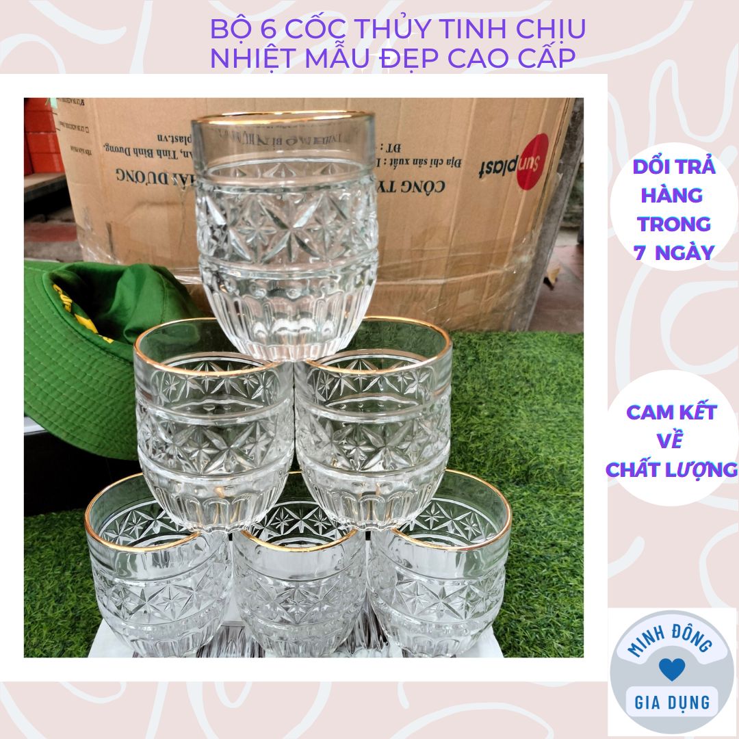 Bộ 6 cốc thủy tinh vân cánh hoa hiện đai cao cấp nhiều mẫu, Bộ 6 Ly thủy tinh vân cánh hoa chịu nhiệt kèm hộp