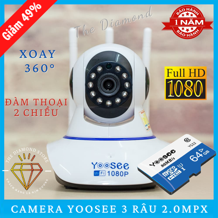 [ Tùy Chọn Thẻ Nhớ 128Gb - 1 Đổi 1 Trong 15 Ngày ] Camera IP Wifi Yoosee 3 Râu Quay 360° Đàm Thoại 2 Chiều Độ Phân Giải Full HD 1080Pixel