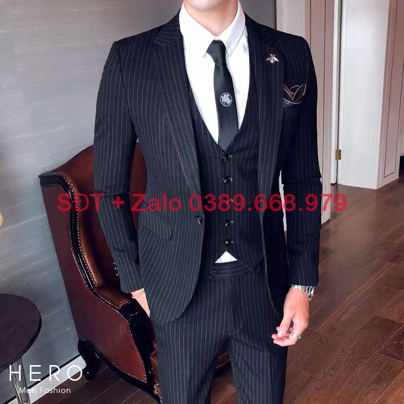 Bộ vest nam cao cấp kẻ sọc 1 cúc, bộ suit nam hàn quốc kẻ sọc