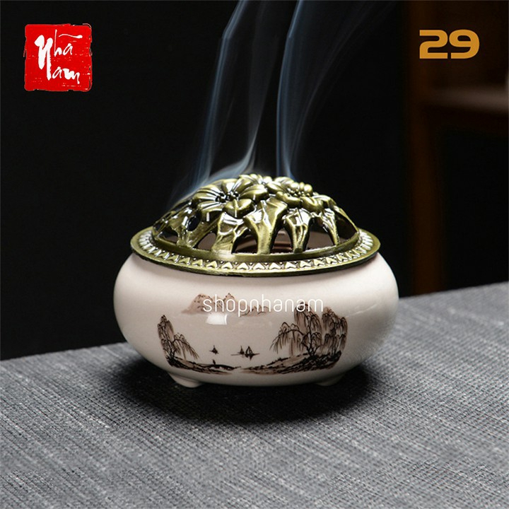 Lư hương, lư xông trầm hương, đỉnh đốt nhang gốm sứ, lư hương họa tiết Nhã Nam
