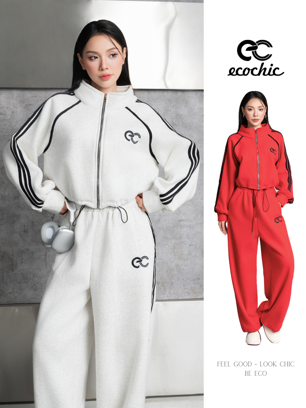 Set Bộ Nỉ Ecochic Velvet Breeze Áo Khoác Khóa Zip Cổ Cao Quần Dài Cạp Cao Cao Cấp Chính Hãng B129