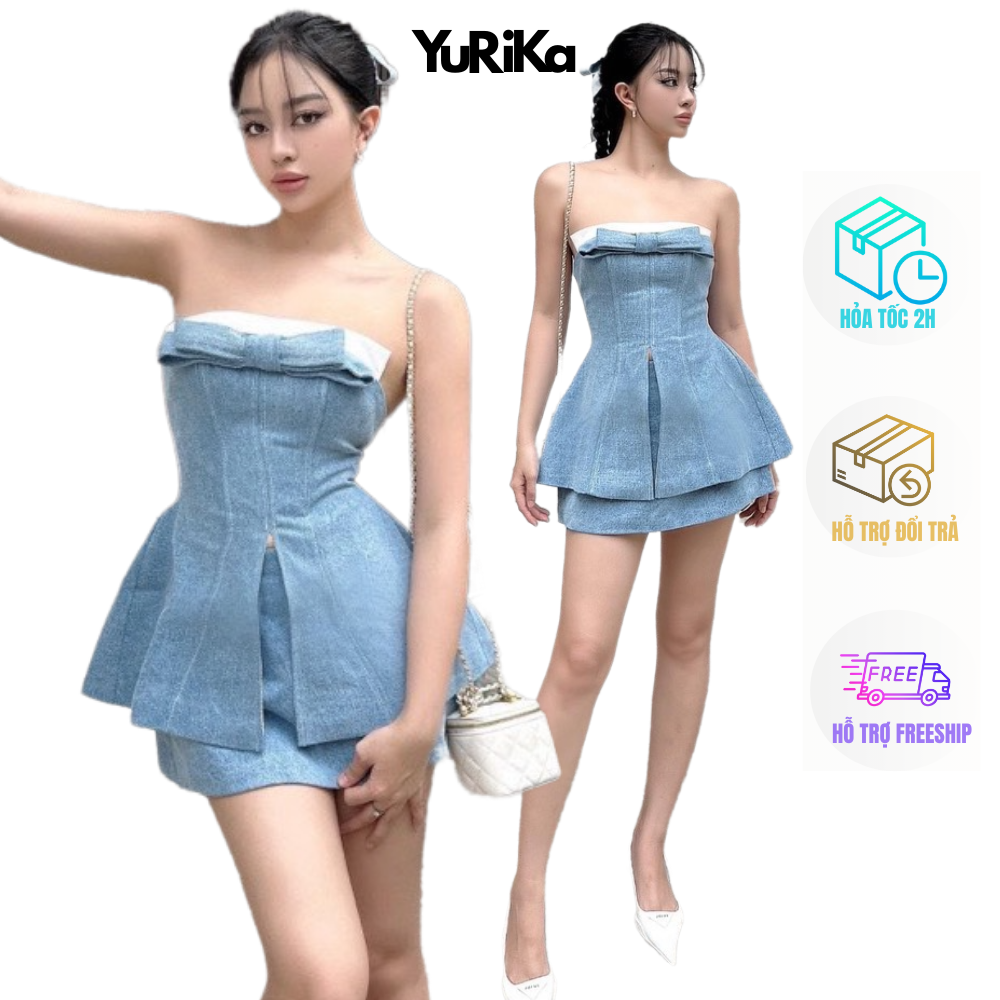 Set Áo Váy nữ chất Jean dày dặn phối nơ trước áo - Set Áo Váy YuRiKa