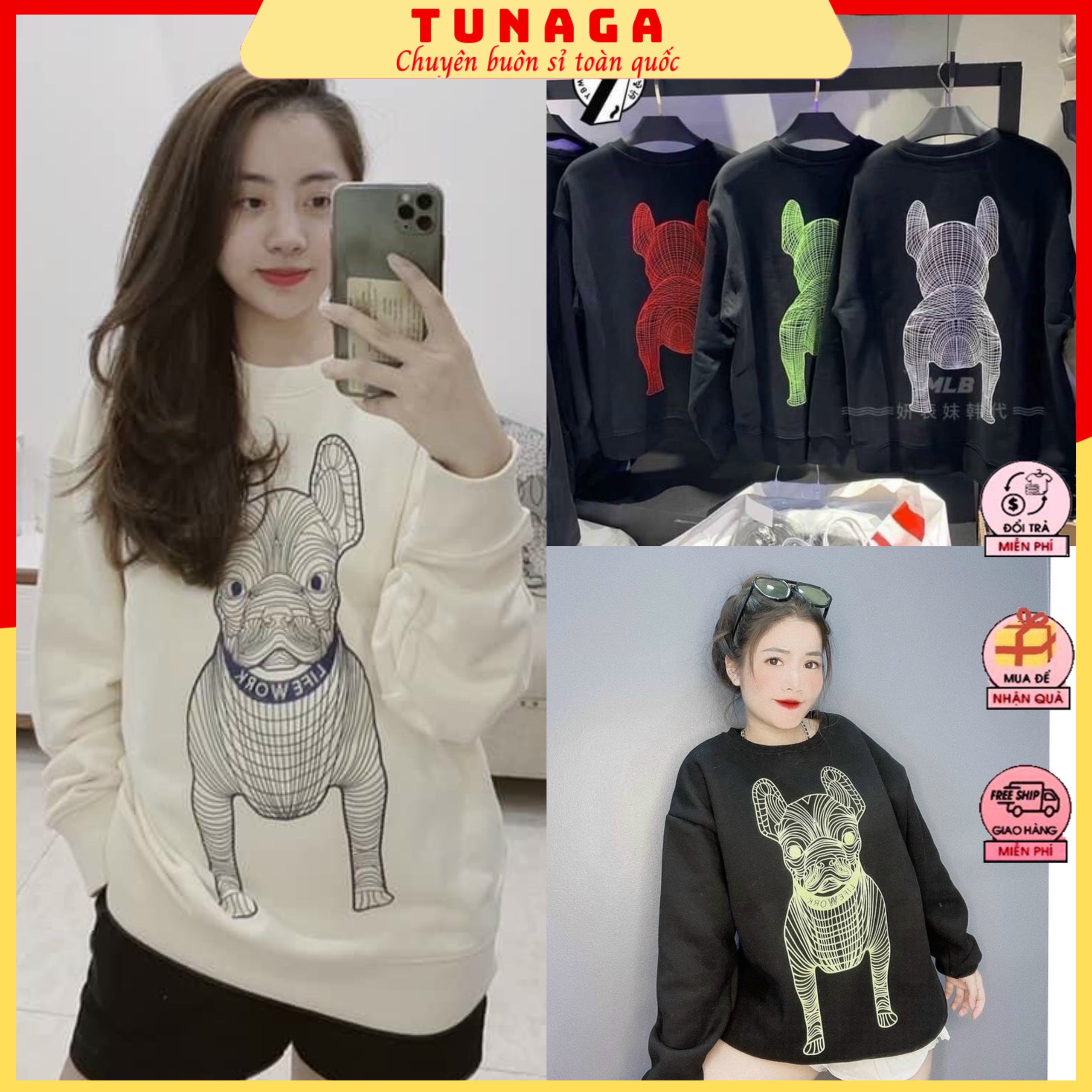 [ÁO HOODIE] Áo Nỉ Nữ Dáng Rộng-Áo Sweater Hình Chú Cún Phối Quần+ Chân Váy Siêu Xinh