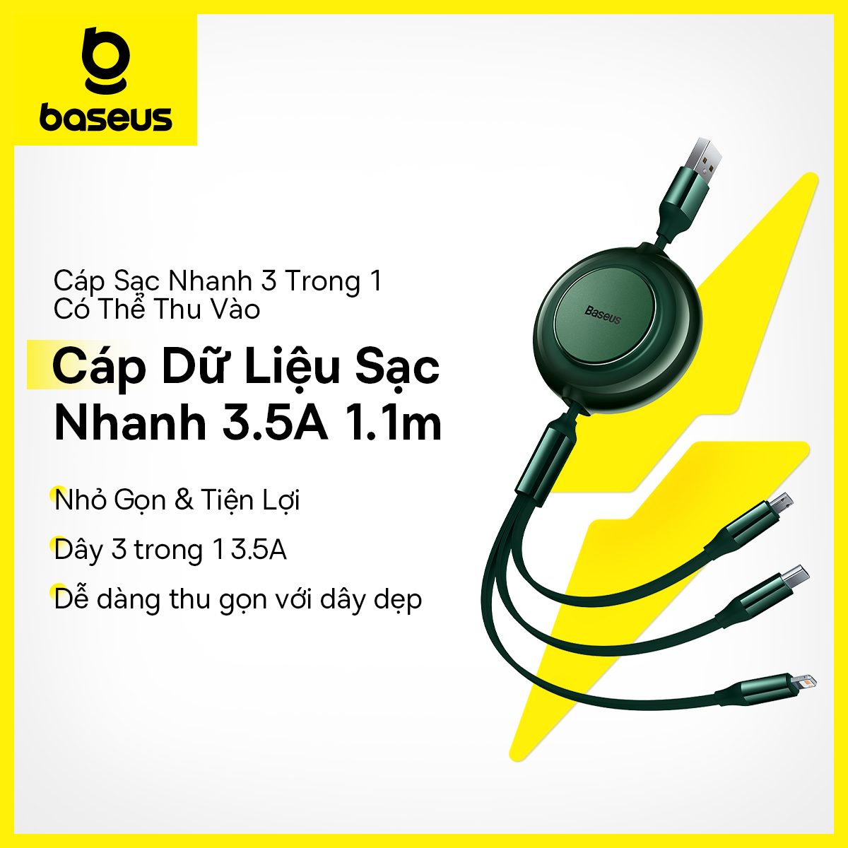 Baseus 3-in-1 Type C USB Cable Retractable Fast Charging Data Cable USB to M+L+C 3.5A 1.1m for iPhone  14 13 12 Pro Huawei Xiaomi Samsung Micro USB C Cord