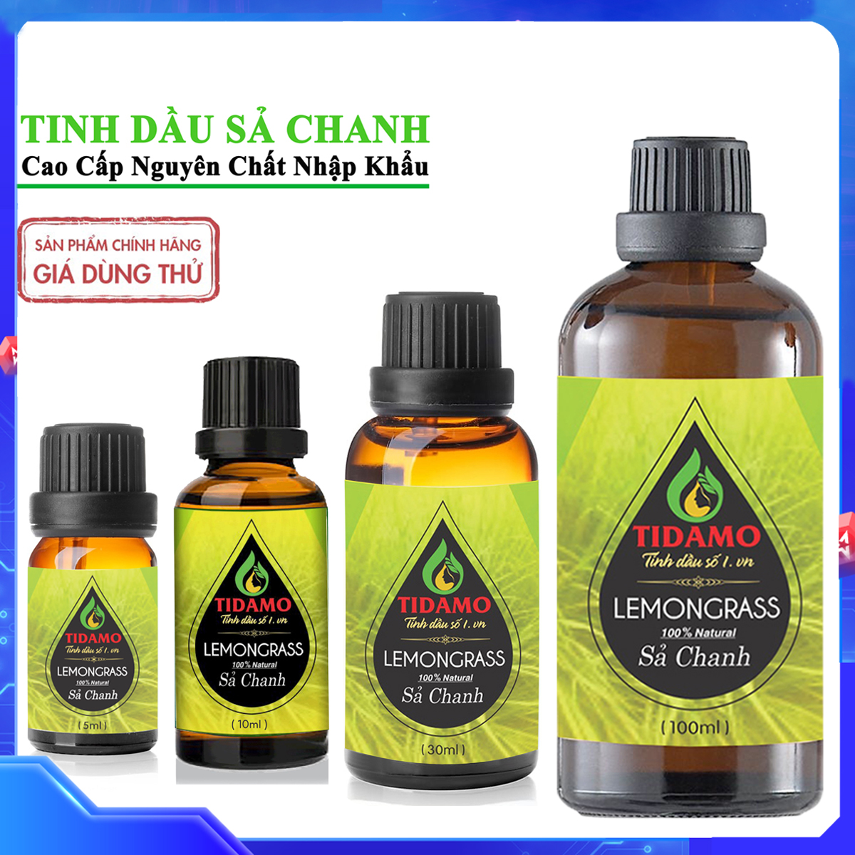 Tinh Dầu Sả Chanh Nguyên Chất TIDAMO Nhập Khẩu, Có Kiểm Định - Tinh Dầu Xông Phòng Sả Chanh Thơm Thư Giãn và Đuổi Muỗi