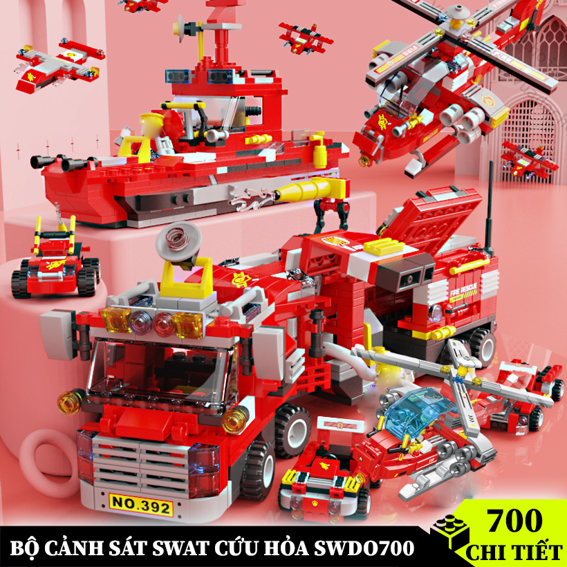 Độ đồ chơi lắp ráp Cảnh Sát SWAT 700 Chi Tiết cứu hỏa màu đỏ mô hình trực máy bay Xe và lính cứu hỏa
