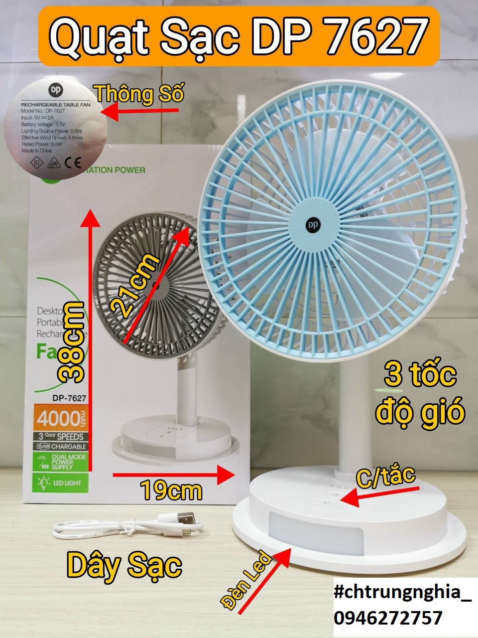 Quạt sạc tích điện DP-7627 cao 38cm cao cấp tích hợp đèn led pin 4000mah