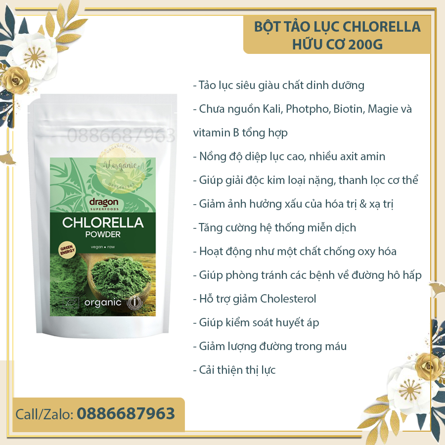 Bột Tảo Lục Chlorella Hữu Cơ Dragon Superfoods 200g
