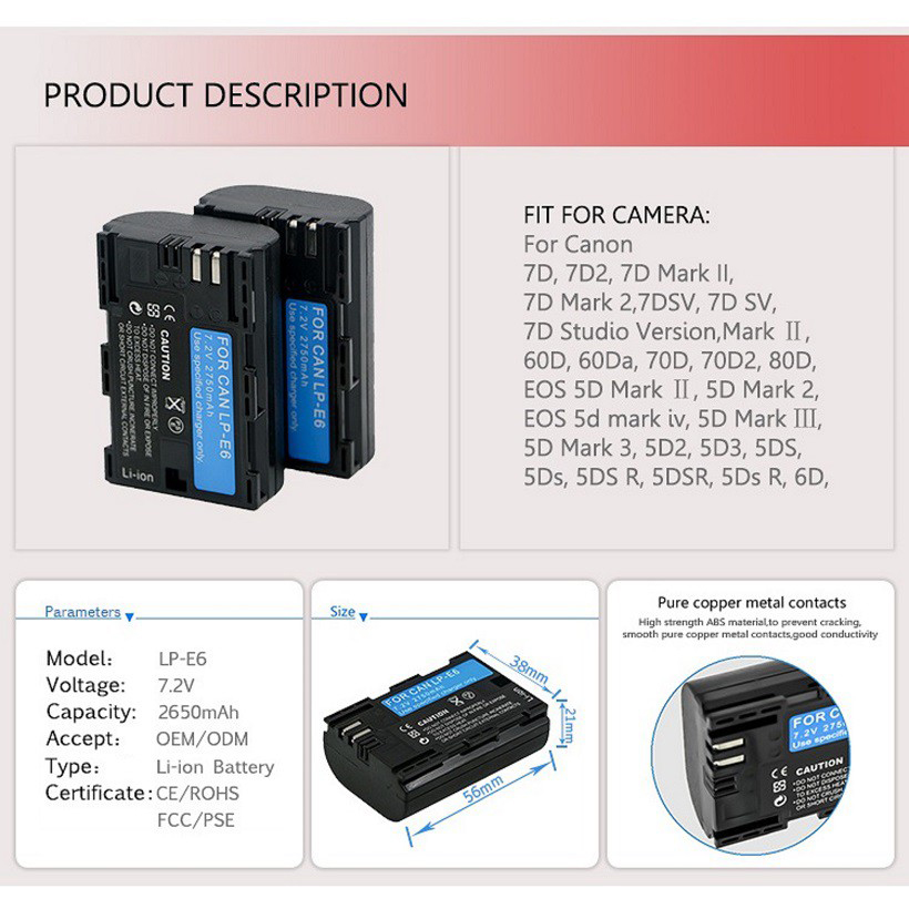 Pin LP E6 lpe6 dung lượng cao cho Canon 5D, 6D, 7D, 60D, 70D, 80D,...