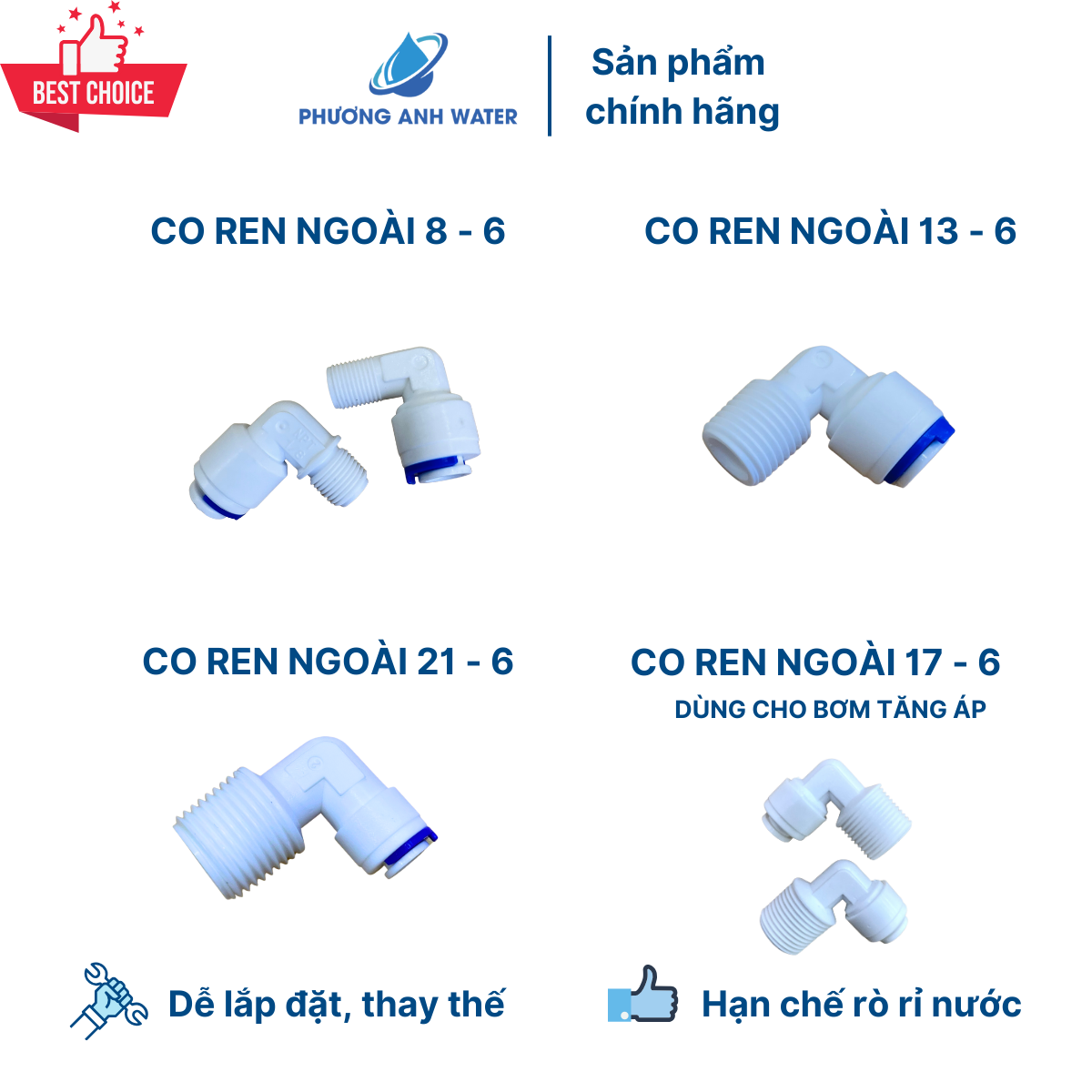 Co nối nhanh ren ngoài ra dây 6 (8-6, 13-6, 17-6, 21-6) dùng cho máy lọc nước