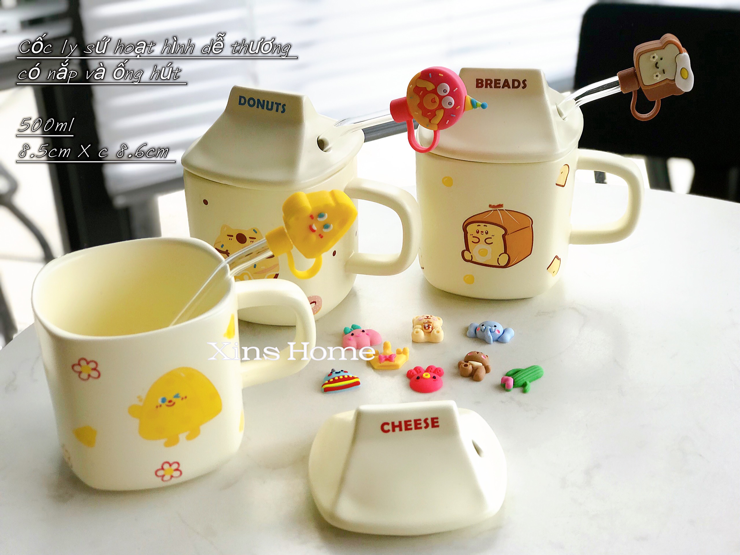 Cốc ly sứ /ly sứ hoạt hình dể thương có nắp và ống hút /320ml🧀🍞🍩
