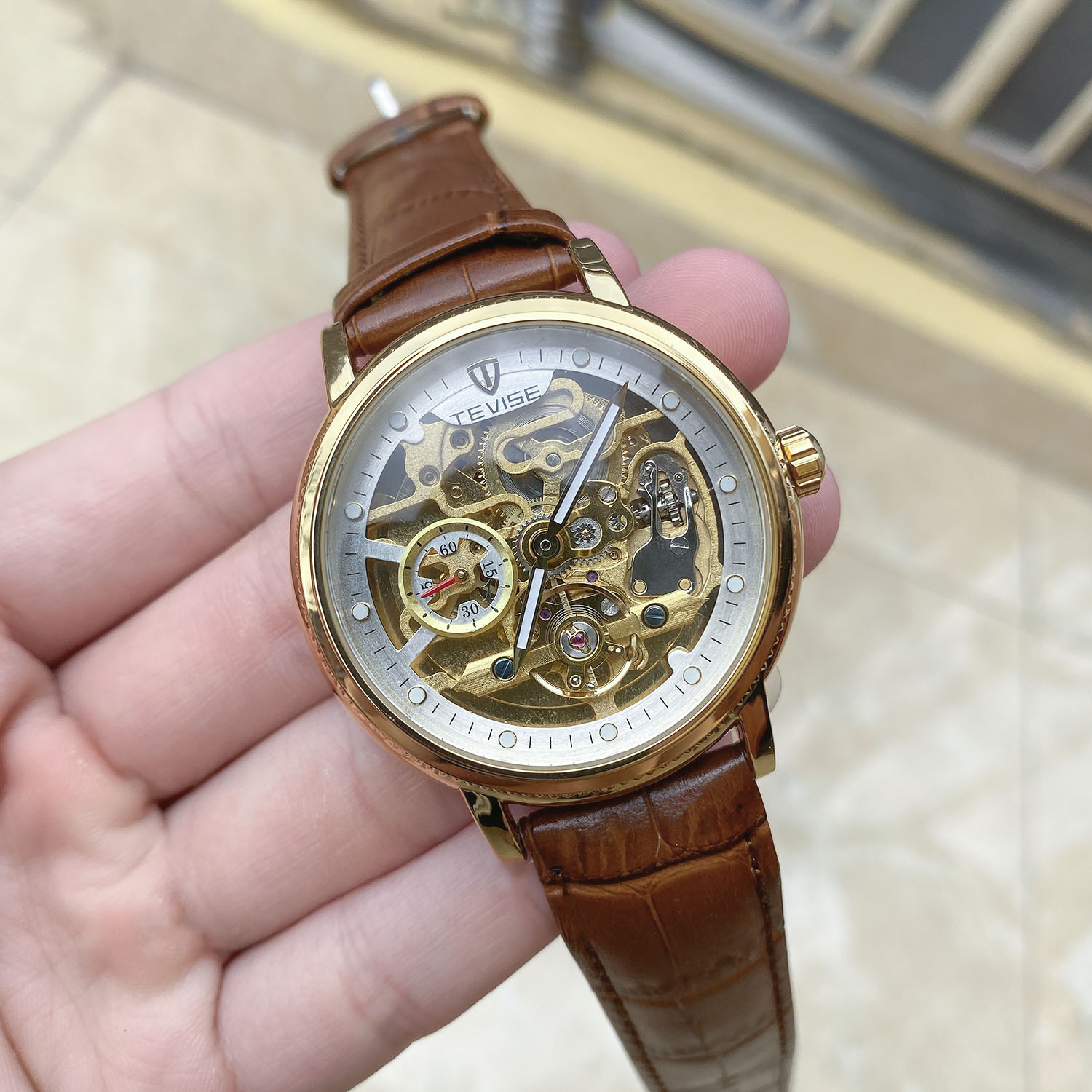 Đồng hồ cơ nam dây da, máy automatic Tevise T8612B-2 full box, bảo hành toàn quốc 1 năm