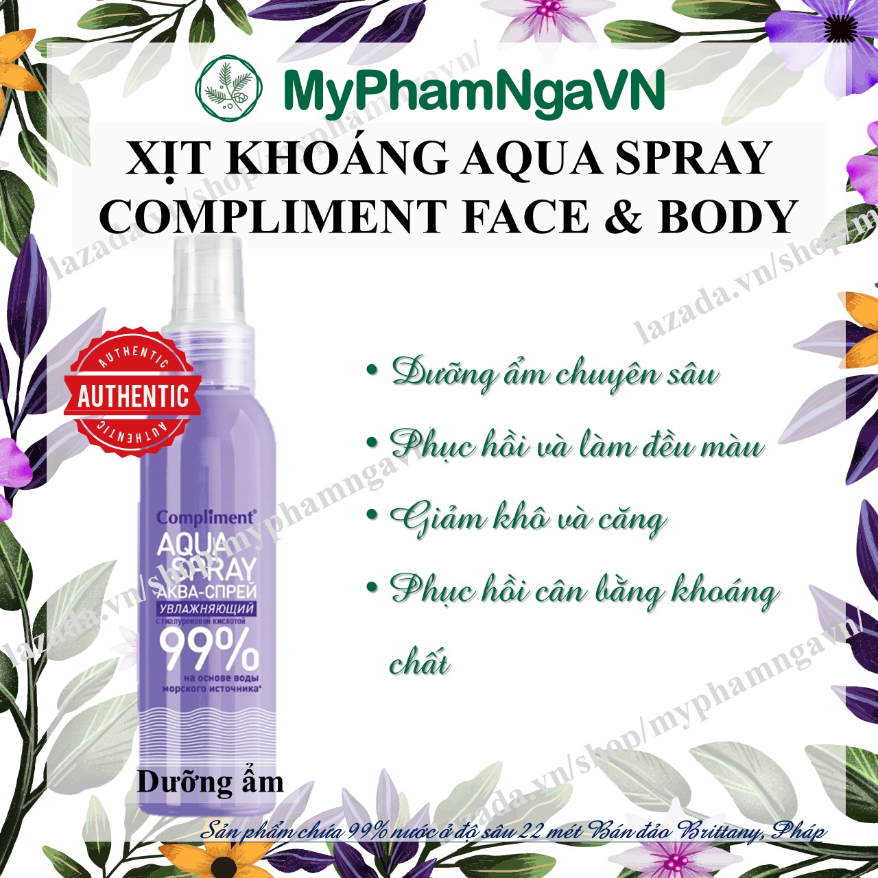 Xịt Khoáng Aqua Màu Tím phục hồi 99% Compliment 200ml hàng nội địa Nga