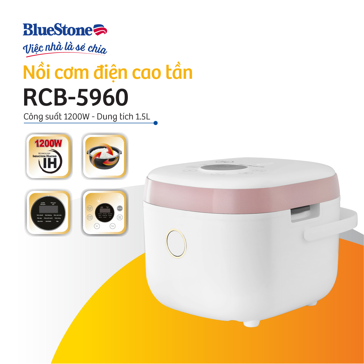 Nồi Cơm Điện Tử Cao Tần BlueStone RCB-5960 (1,5 lít) - 1200W - Bảo hành 2 năm - Hàng chính hãng