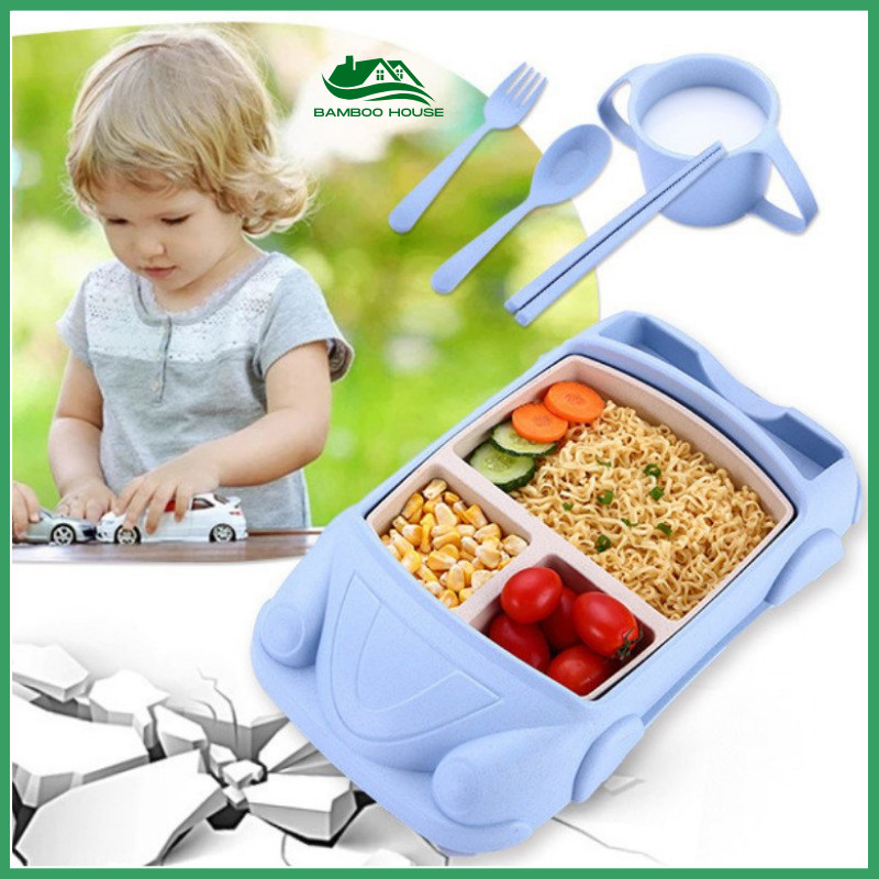 Khay ăn dặm cho bé hình xe hơi sáng tạo, bộ bát kiểu nhật nhựa lúa mạch giúp trẻ nhỏ tập ăn nhanh