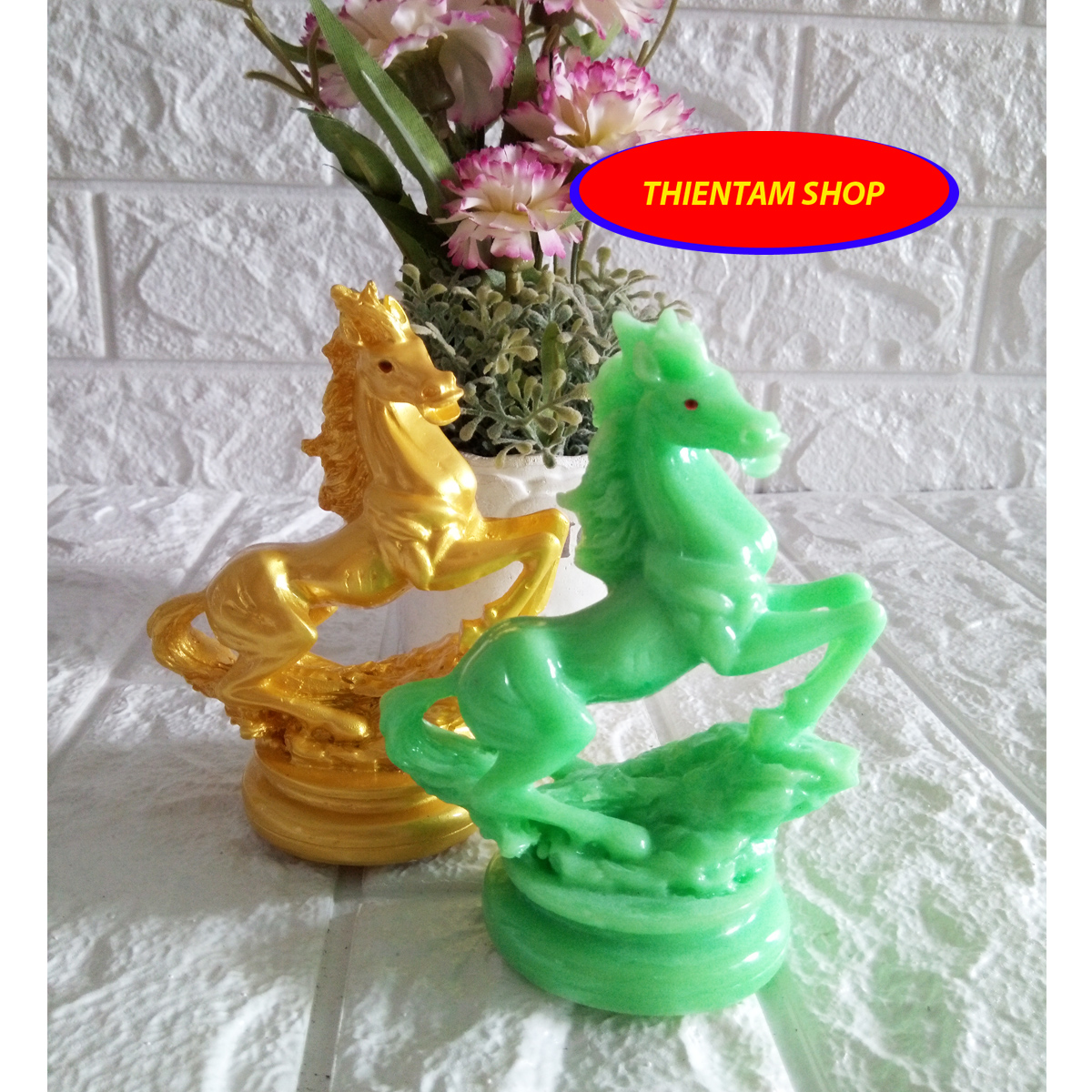 Cặp ngựa hý phong thủy đá poly xanh ngọc và vàng CNH12