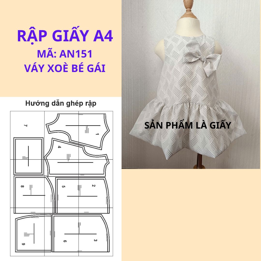 Rập GIẤY A4 cắt ghép may váy sát nách bé gái - AN151