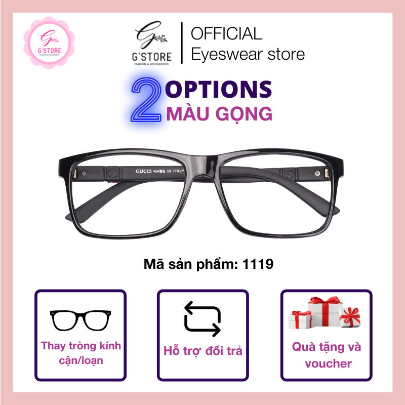 Kính cận gọng nhựa dẻo mắt vuông kính mắt thời trang gọng dẻo lắp được cận 1119
