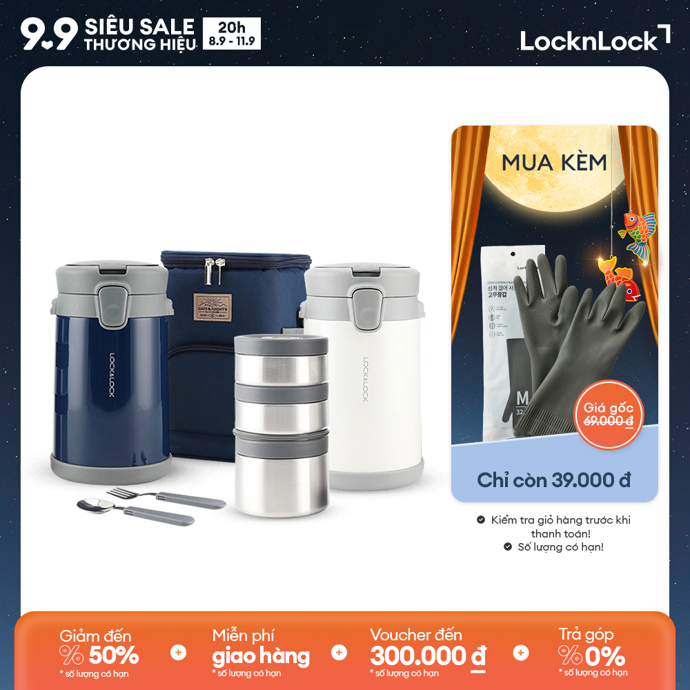 Bộ hộp cơm giữ nhiệt lock&lock easy carry - lhc8039 - kèm bộ muỗng nĩa và túi đựng. gồm 1 hộp 720ml+ 2 hộp 420ml - hàng chính hãng