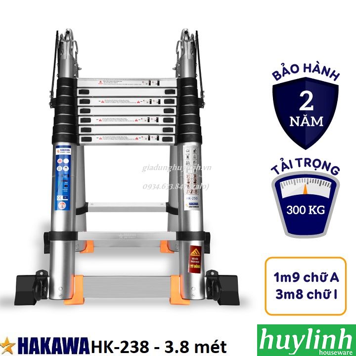 [HCM][Trả góp 0%] Thang nhôm rút đôi chữ A Hakawa HK-238 - 3.8 mét