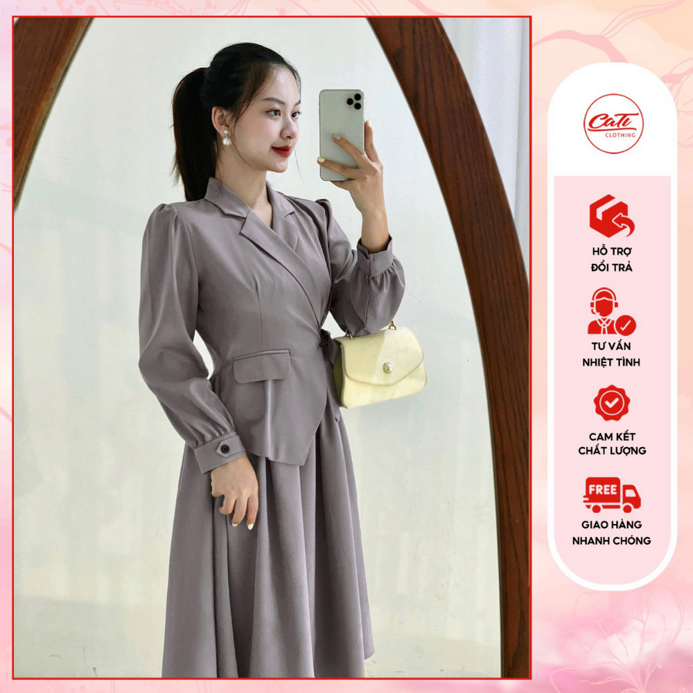Cati đầm midi cổ vest 2 màu ghi đỏ dáng đầm xoè phối cổ vest cách điệu chất vải cao cấp đanh mịn