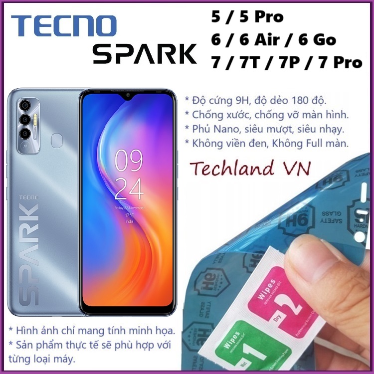 Cường Lực Phủ Nano Tecno Spark 5 / Spark 6 / Spark 7 / Spark 5 Air / Spark 6 Air / Spark 7P / Spark 7T / Spark 5 Pro / Spark 6 Go / Spark 7 Pro - Trong Suốt, Không Full Màn
