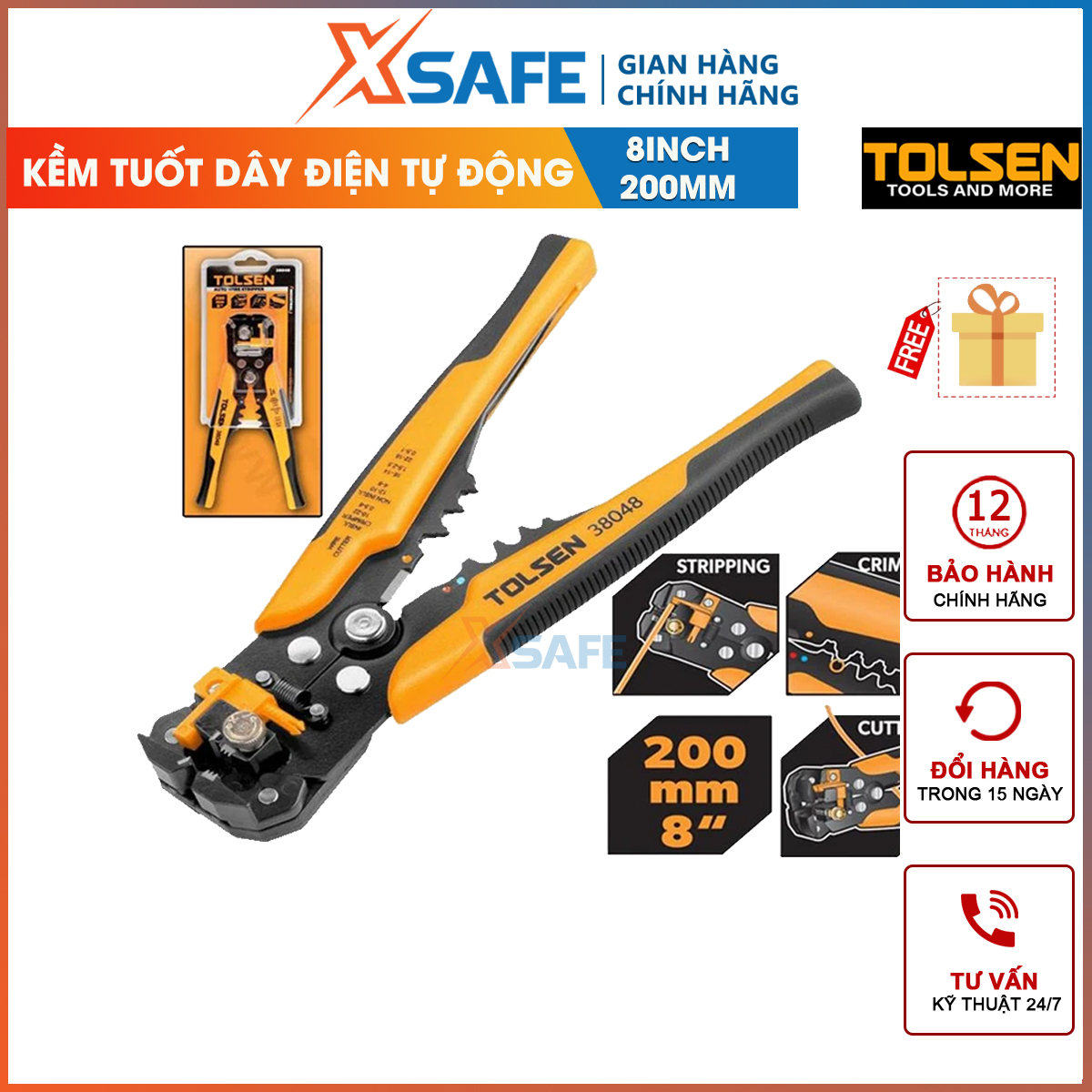 Kềm tước dây điện đa năng Tolsen 38048 | kìm đồ nghề đa năng 3 trong 1 có thể tước, cắt và bấm cos, kìm chức năng cắt dây điện