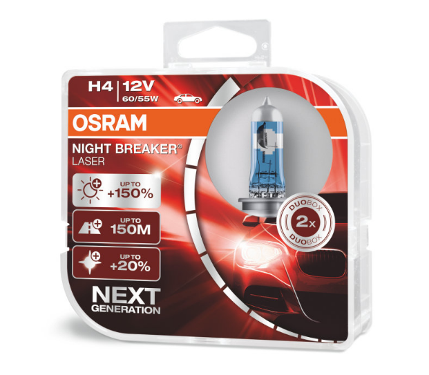 Bóng đèn tăng sáng 150% Osram Night Breaker Laser Chân bóng H4 12v 60/55w (Hộp 2 bóng), hàng chính hãng Osram, Made in Germany