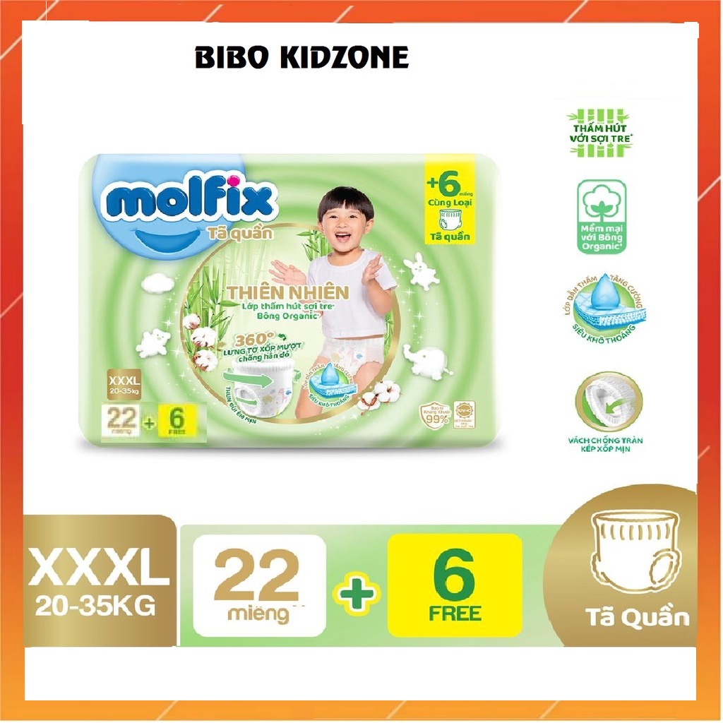 Bỉm quần Molfix thành phần sợi tre, bông organic- Size XXXL - Gói 22+6 miếng
