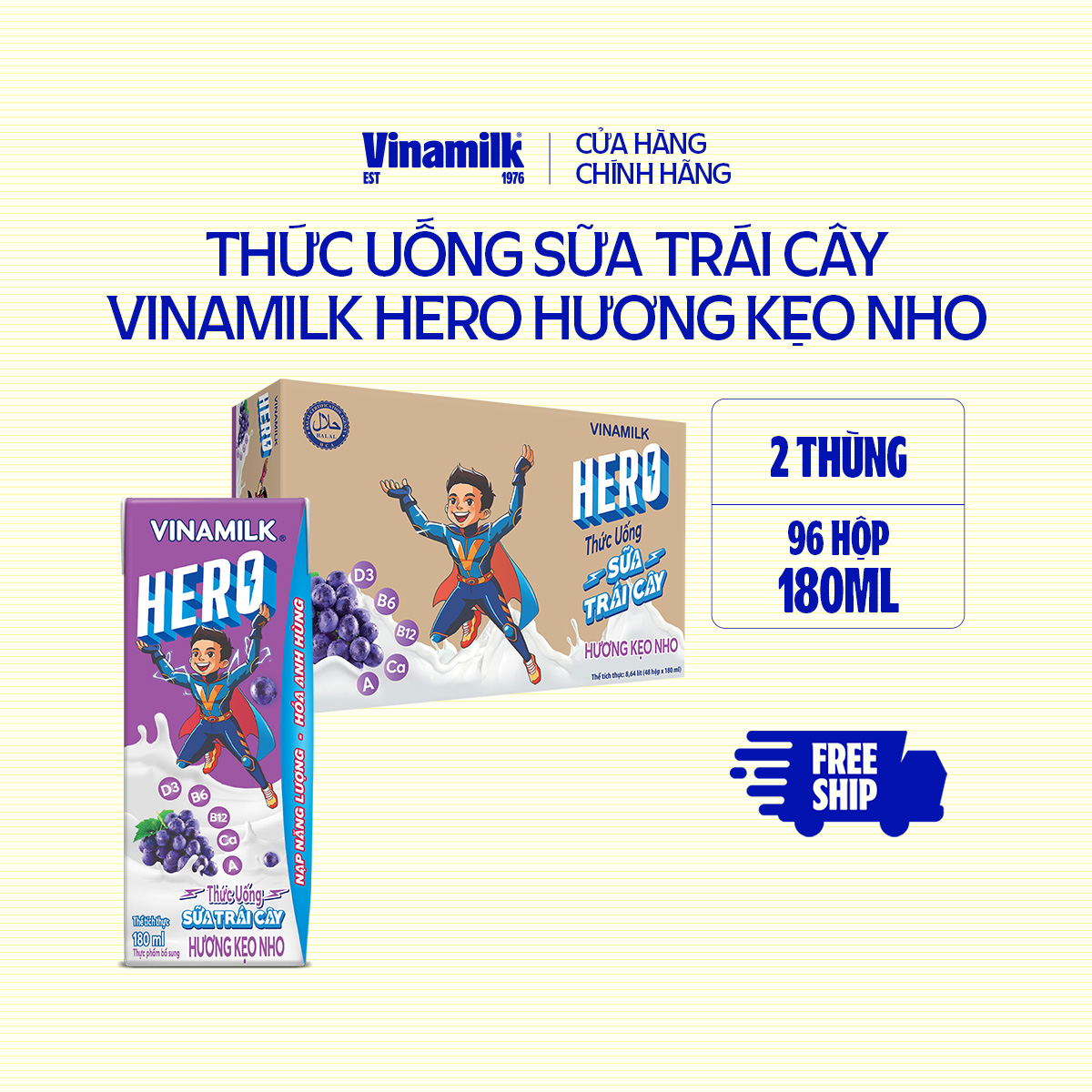 2 Thùng Thức uống Sữa trái cây hương kẹo nho Vinamilk Hero 180ml - 48 hộp/Thùng