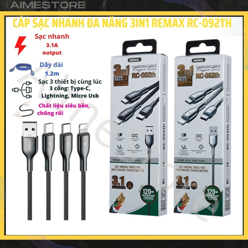 Cáp sạc nhanh đa năng siêu bền 3in1 remax rc-092th dây dài 1.2m, dây sạc nhanh 3.1a cho 3 thiết bị cùng lúc, cáp sạc, truyền data cho mọi thiết bị điện thoại, iphone, ipad, android, máy tính bảng - aimestore
