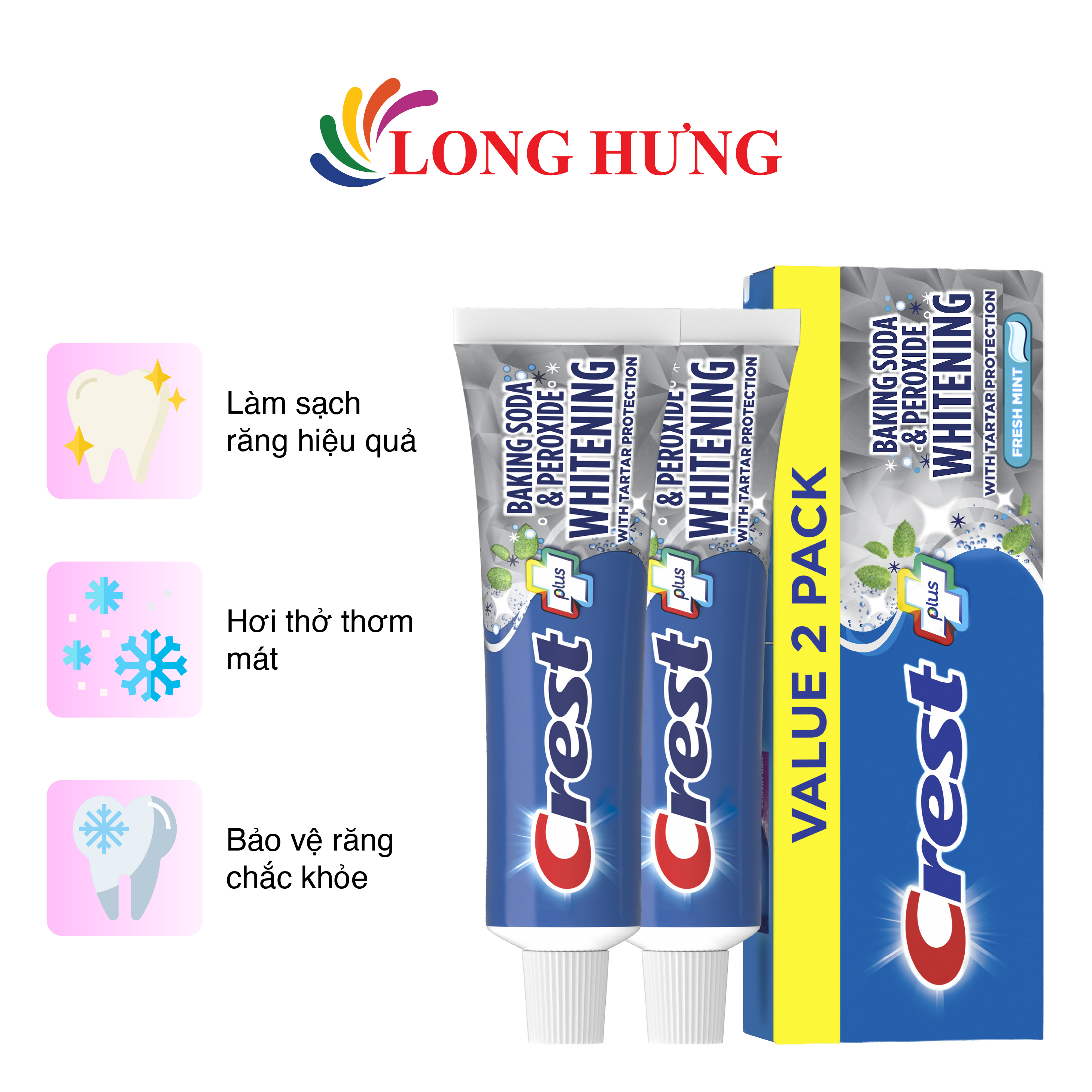 Combo kem đánh răng Crest Plus Baking Soda Peroxide Whitening (161g x 2)