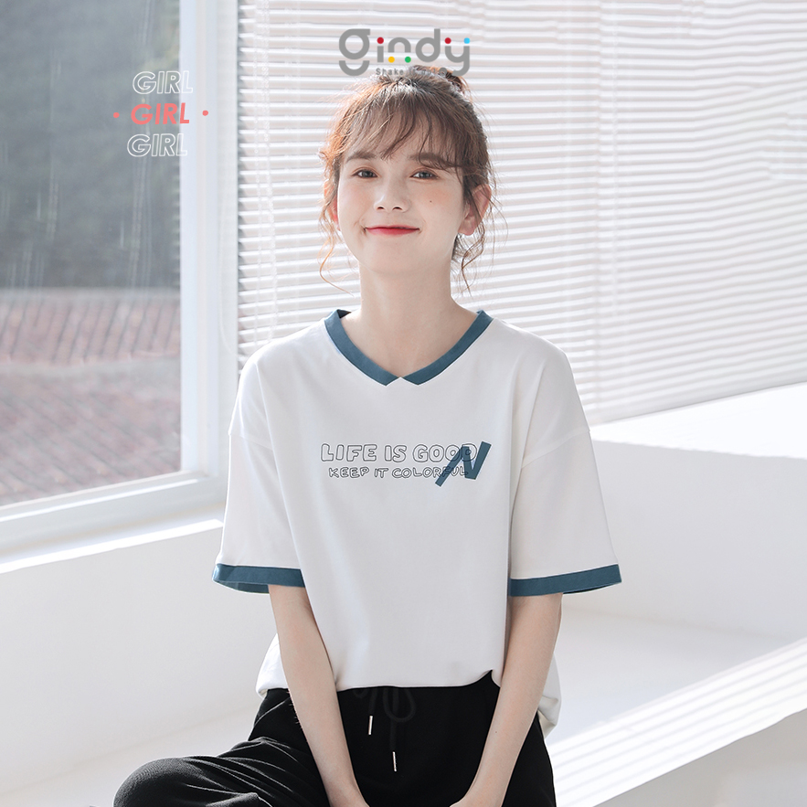 Áo thun tay lỡ form rộng nữ áo phông cổ tròn chất cotton thoáng mát thấm hút mồ hôi 2 màu unisex local brand GINDY kiểu đẹp mới 2022 thời trang nam nữ A010
