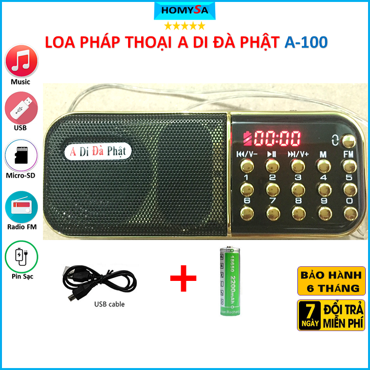 Máy nghe kinh pháp A Di Đà Phật A100 - Loa mp3 A-100 nghe nhạc đa năng mini - đọc thẻ nhớ nghe đài FM – 1 Pin sạc – 3W