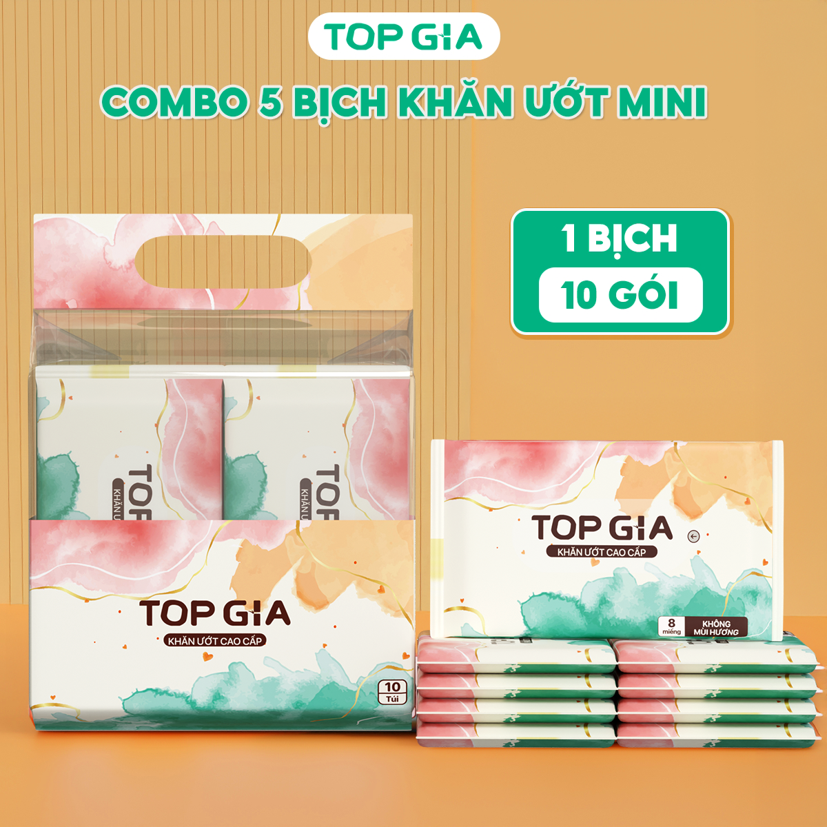  Khăn ướt mini cao cấp TOPGIA túi 10 gói 8 tờ không mùi không cồn an toàn tiện lợi dùng cho mọi làn da 