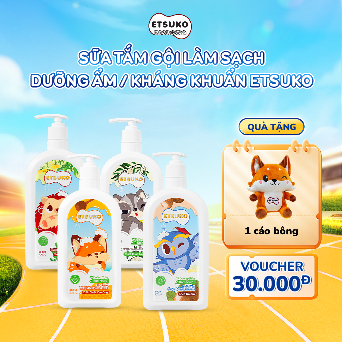 [TẶNG CÁO BÔNG] Sữa Tắm Gội Làm Sạch Dưỡng Ẩm / Kháng Khuẩn ETSUKO 600ml Cho Bé Từ 3 Tuổi Trở Lên.