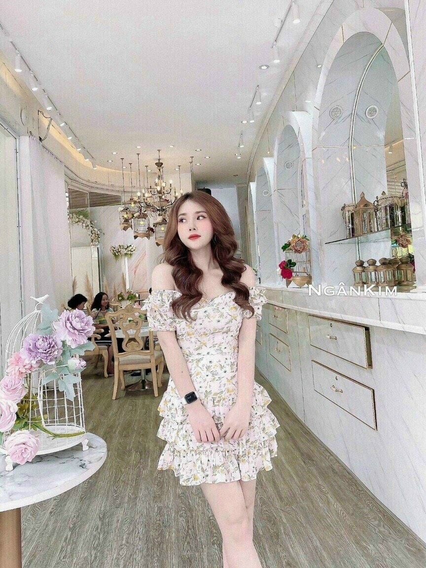 Đầm voan nữ hoa nhí lụa trễ vai dễ thương dự tiệc