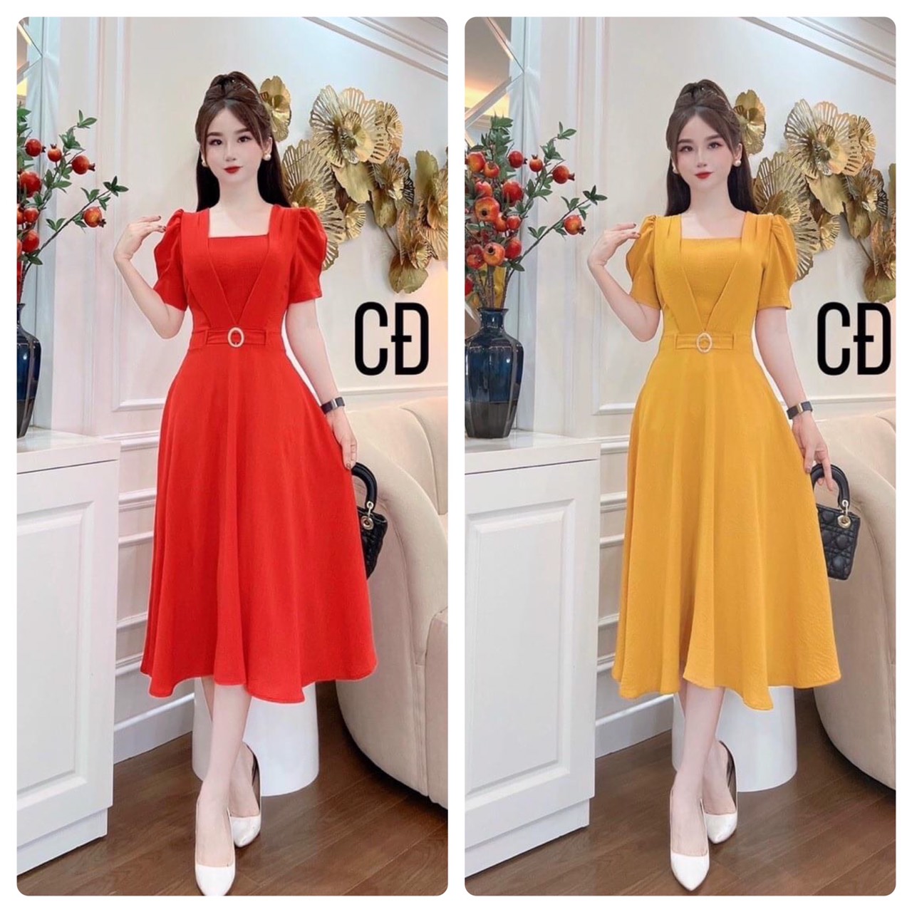 Đầm Thiết kế,váy cổ vuông Tay Phồng, đầm dự tiệc sang trọng màu đỏ,vàng xanh ngọc hàng bigsize