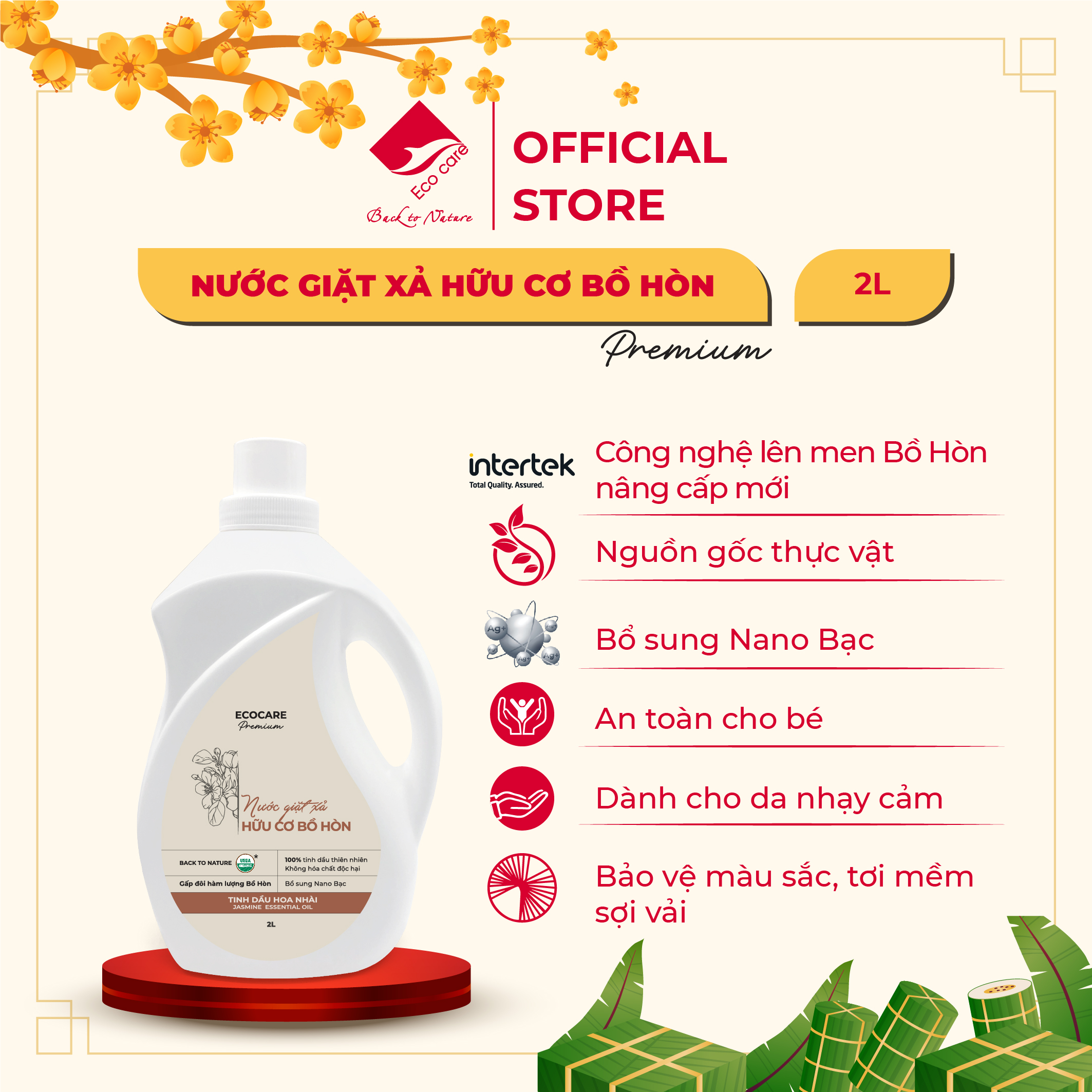 Nước Giặt Xả Hữu Cơ Bồ Hòn ECOCARE Kết Hợp Tinh Dầu Hoa Nhài, Giặt Xả An Toàn Với Mọi Loại Vải 2L