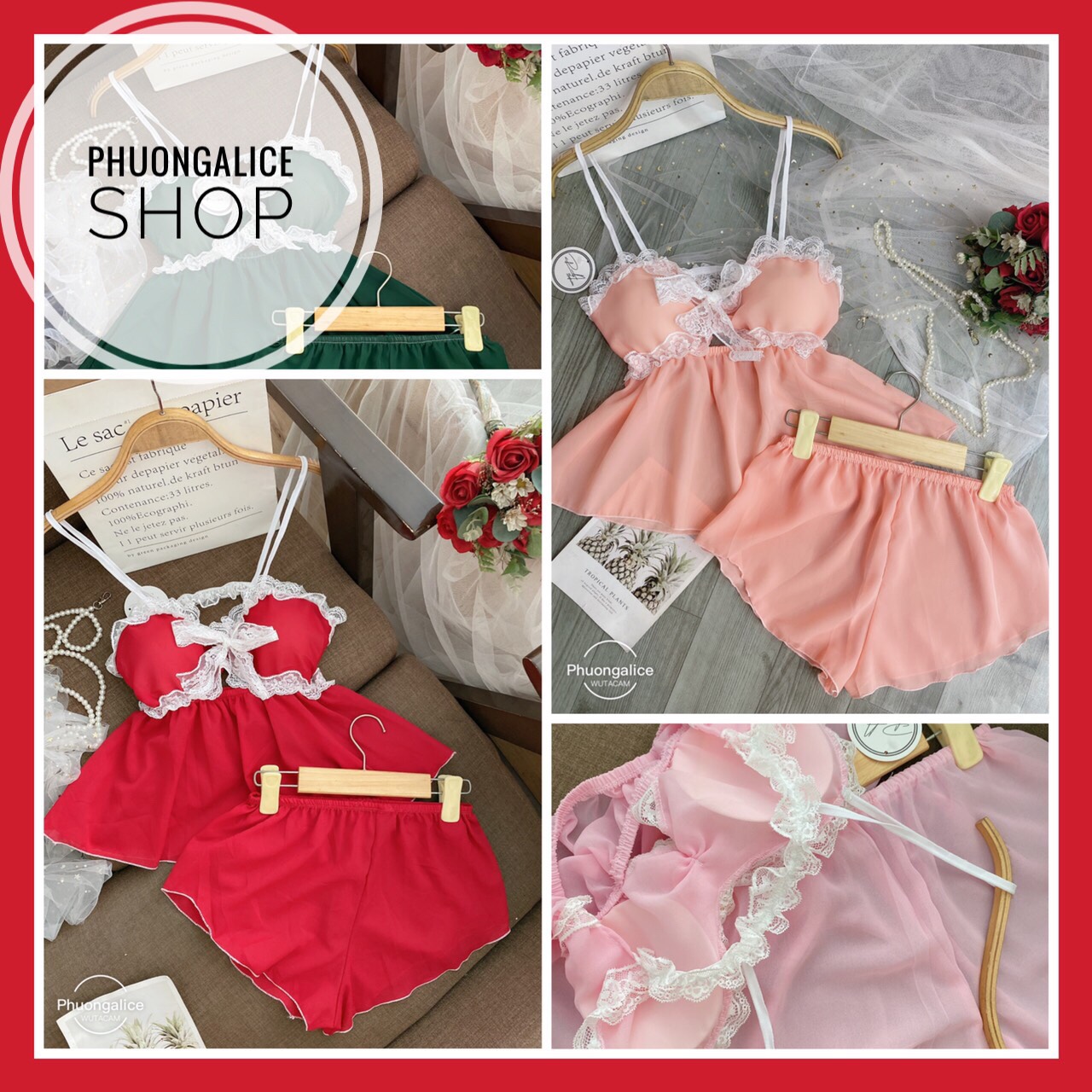 Bộ ngủ sexy, đồ ngủ sexy voan phối ren có mút- phuongaliceshop