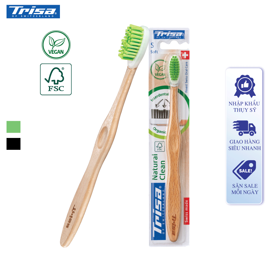 Bàn chải đánh răng thân gỗ trisa natural clean nhập từ thụy sỹ