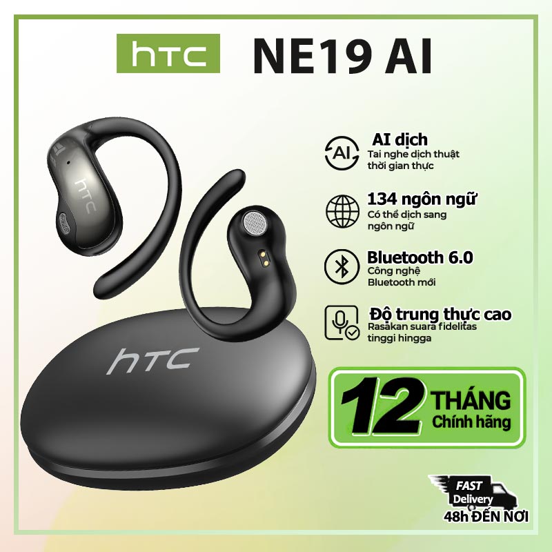 Tai nghe phiên dịch thời gian thực HTC NE19 AI Hỗ trợ 150 ngôn ngữ Tai nghe không dây Bluetooth OWS V6.0 Chống nước IPX5 Thiết kế móc tai Thời lượng pin dài