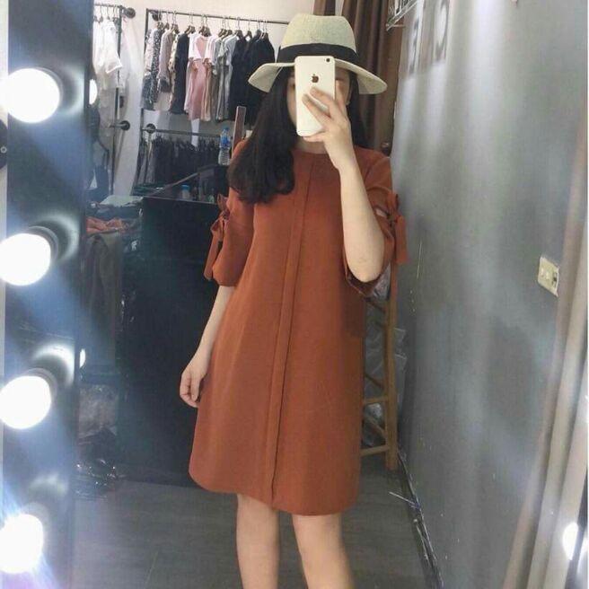 Đầm Dáng Suông cam đất tay nơ